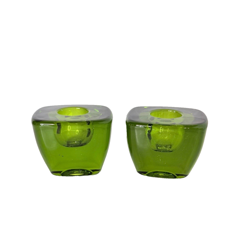 Vintage Viking Glass Candle Stick Holders Set of 2 Square Green